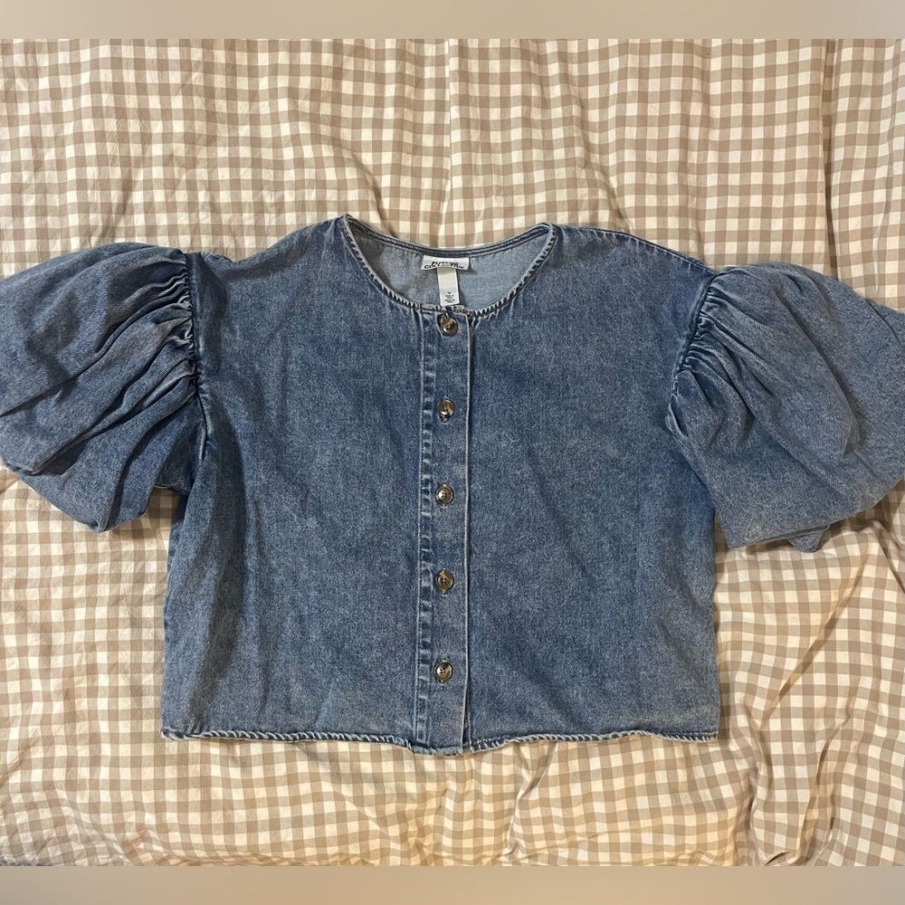 Future Collective Denim Puff Sleeve Button-Up Top